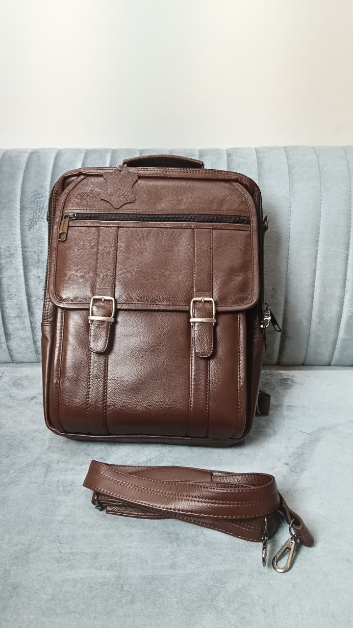 Cow Leather Dual Lock Bag- Brown